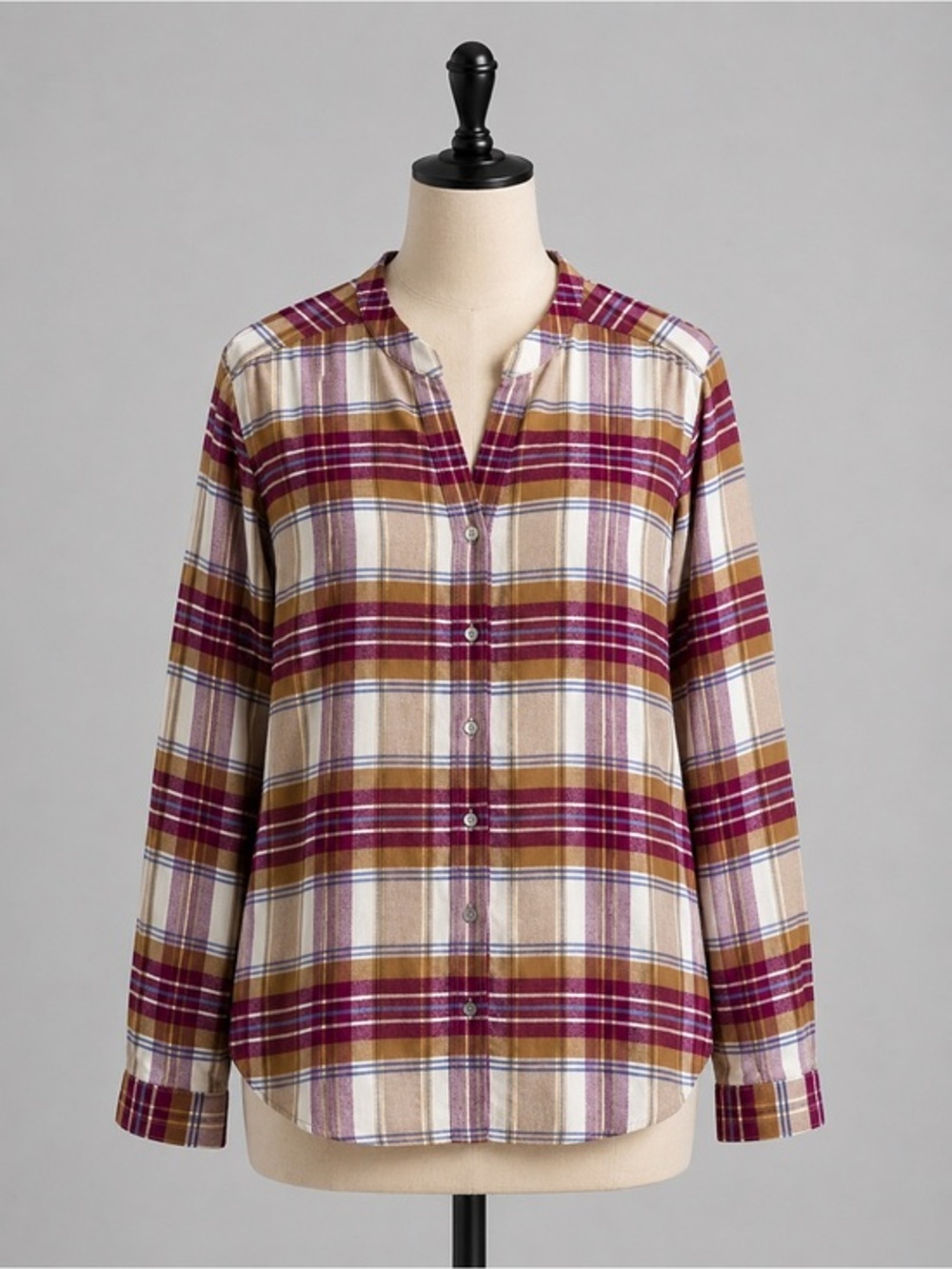 L.L.Bean Plaid Button Front Flannel Shirt cotton Burgundy Tan Cream Long Sleeve
